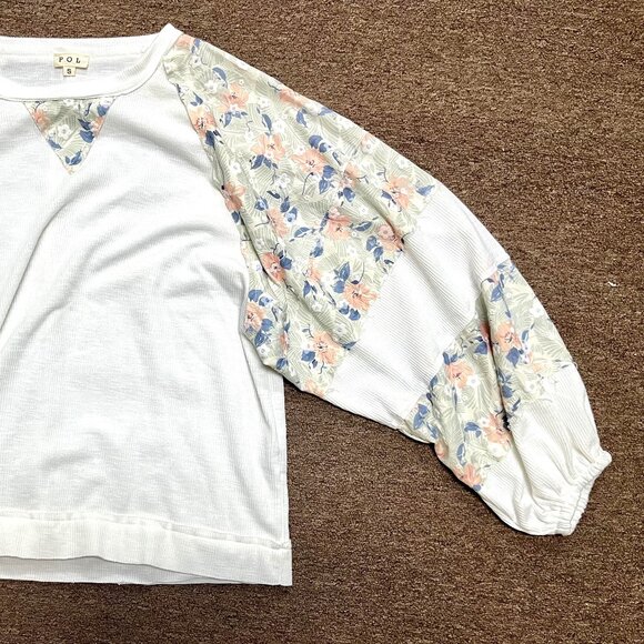 NWT LADIES SIZE S POL WHITE PINK BLUE FORAL RIBBED FRAY LONG SLEEVE SHIRT UKT309 - Picture 3 of 3